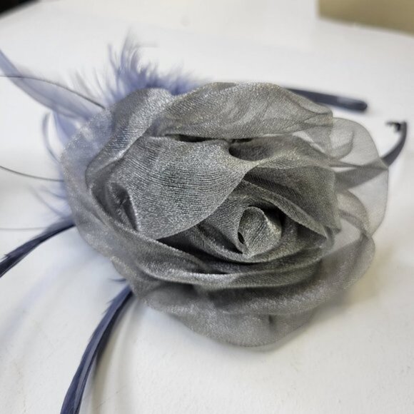 Silver Grey Rose Flower Headband Fascinator with Grey and Black Feathers - Picture 5 of 8